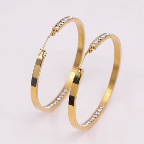 Big Clear Rhinestone Gold Hoop Earrings Sparkle Channel Hoops CZ Crystals New - Picture 5 of 5